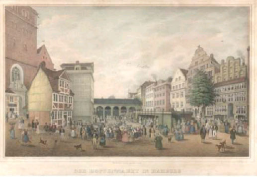 Der Hopfenmarkt vor der ersten Nokolai-Kirche, Zeichnung von C.A.Lill ca. 1836-1840